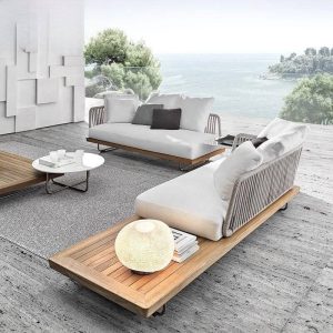 Orangefarbene Leinenstoff-Patio-Sofa-Sitzgruppe mit 3 Tischen und 5-teiligem Set, 5-teiliges Set (Ecksofa & Chaise Lounge & 3 Couchtische)