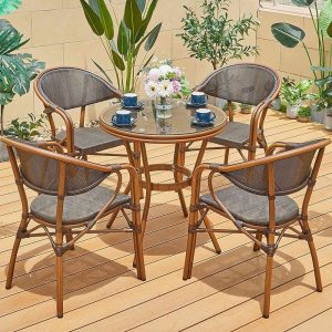 Klares vitreous rundes Gartentischset mit wetterfestem Tisch und Stühlen, 5-teilig, 27.6"L x 27.6"B x 28.7"H, Tisch & 4 Stühle