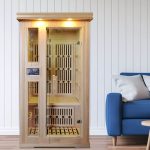 Wasserresistente, sepiafarbene Indoor-Far-Infrarot-Sauna mit MP3-Player-Kompatibilität, Tür(en), Lonizer und Bank, 35"L x 35"B x 75"H