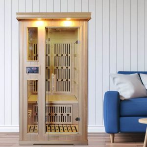 Wasserresistente, sepiafarbene Indoor-Far-Infrarot-Sauna mit MP3-Player-Kompatibilität, Tür(en), Lonizer und Bank, 35"L x 35"B x 75"H