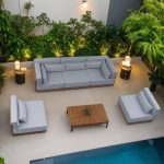 Minimalistisches Teakholz-Sofa für 1 Person, brauner Rahmen, UV-beständig, mit Kissen und Polster, Median Sofa