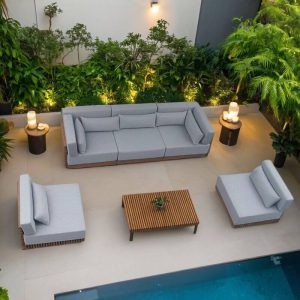 Minimalistisches Teakholz-Sofa für 1 Person, brauner Rahmen, UV-beständig, mit Kissen und Polster, Median Sofa
