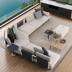 Leinenstoff modulare Patio Sofa Sitzgruppe mit Sectional Sofa, 4-teiliges Set (2 Loveseats&Coffee Table& Ottoman)
