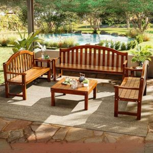 Einfaches zitronenfarbenes Holz Patio-Sofa-Set mit Zweisitzer, 1 Tisch und Stuhl, 5-teiliges Set, Gelb, Fünf-Teile-Set (Stuhl & Zweisitzer & Dreisitzer & Viersitzer Sofa & Tisch)