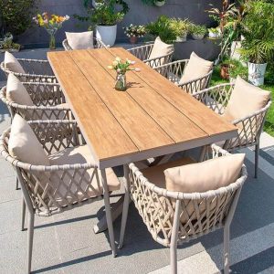 Gepolstertes 9-teiliges Set Holzmaserung Outdoor-Esstischset, 70,9"L x 35,4"B x 29,5"H, Tisch & 8 Stühle