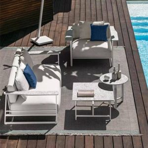 Antik-Weiß Patio Sofa Sitzgruppe, Leinen, 2 Tische, 4-teiliges Set (Stuhl & Loveseat & 2 Couchtische)