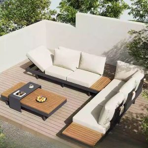 Patio Sofa Sitzgruppe mit weißer Canvas-Bezug, hellbraunem Teakholztisch, 3-teiliges Set, UV-beständiges Sofa, 3 Teile (3-Sitzer Sofa & 3-Sitzer Mittelposition Sofa & Couchtisch)