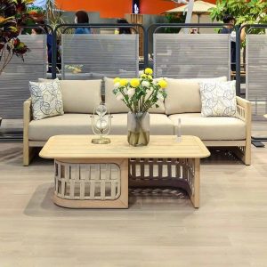 Holzfarbe Teak Sofa, UV-beständig, für 3 Personen, trendiger Stil mit Kissen, 1 Stück, 3-Sitzer Sofa