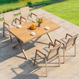 Moderner Karamell-Stoff-Outdoor-Esstisch mit wetterfestem Tisch und Stühlen, 5-teilig, 59,1"L x 35,4"B x 29,5"H, Tisch & 4 Stühle