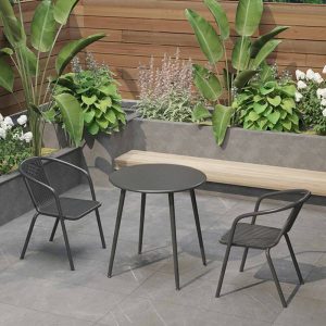 Outdoor-Esstischset mit Eisenrahmen, 3-teiliges Set, wetterfester Tintentisch, Stuhl und Tisch, moderner Stil, Schwarz, 23,6"L x 23,6"B x 27,6"H, Schreibtisch mit 2 Stühlen
