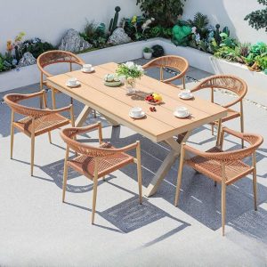 Runder Gartentisch mit natürlicher Oberfläche und Legierungsrahmen, UV-beständig im Art-Deco-Stil, 31.5"L x 31.5"B x 28.7"H
