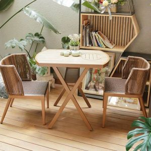 Modernes, wetterfestes Outdoor-Bistro-Set aus Legierung mit Holzmaserung, 3-teiliges Set mit Stuhl und Tisch, hellbraun, Schreibtisch mit 2 Stühlen