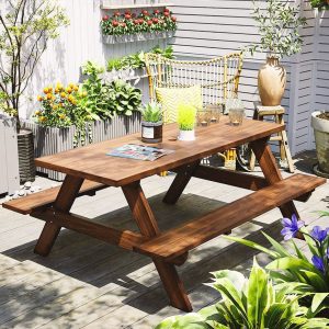 Casual Outdoor Picknicktisch mit natürlicher Holzmaserung, Holzplatte, UV-beständig, rechteckige Form, inklusive Sonnenschirmloch, 59"L x 54"B x 24"H