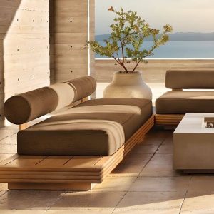 Einzelsitzsofa in mittlerem Holzton Teak Microfaser, für 1 Person, Liege ohne Armlehnen, 213cm L x 86cm B x 71cm H