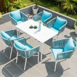 Minimalistisches, wetterfestes Polstergarnituren-Set für die Terrasse mit Kreidetisch und Stühlen, 7-teilig, 63"L x 35,5"B x 28,3"H, Tisch & 6 Stühle