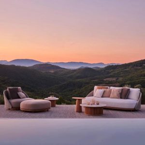 Holzfarbenes Loveseat, Naturholz für 2 Personen, UV-beständiges trendiges Style-Kissen enthalten, 1 Stück, 2-Sitzer-Ecksofa