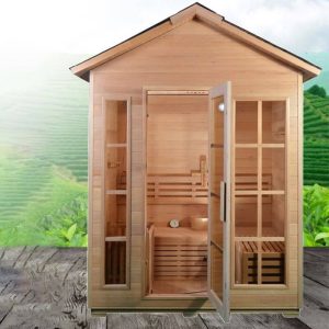 Workspace Essentials: Braune rechteckige Holzsauna mit LED-Beleuchtung und Sitzbank - 71"L x 47"B x 96"H