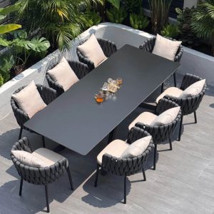 Stein-Patio-Esstisch mit schwarzer Tischplatte, UV-beständiges rechteckiges Design im Art-Deco-Stil, 86,6"L x 35,4"B x 29,5"H, nur Tisch