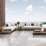 Zeitgenössische Sofa für 1 Person, Naturholz, schwarzer Rahmen mit Kissen, UV-beständige Polsterung, Eck-Sofa