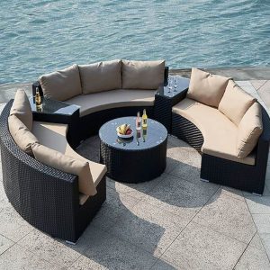 Outdoor-Sofa-Gesprächsset mit Glastisch in Klar, Rustikalem Braunem Leinenstoff Bezug, 4-teilig, Sofa, Braunes Kissen, 4-teiliges Set (3-Sitzer Sofa x 3 & Couchtisch)