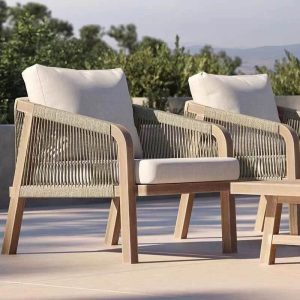 Mehrsitzer Sofa mit 100% Baumwolle Kreide Bezug, Teakholzrahmen in Beige, Sofa enthalten, UV-beständig und gepolsterter Rücken, 3-Sitzer Sofa