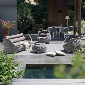 Weißes modernes Sofa für 3 Personen, Metallgestell, UV-beständig, mit Kissen, 1 Stück, 3-Sitzer Sofa
