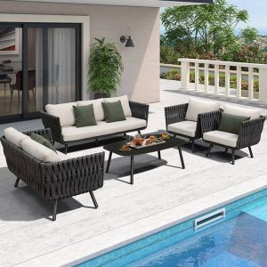 Minimalistisches weiß lasiertes Alloy-Sofa für 1 Person mit Kissen, UV-beständig und Polster, 1-Sitzer Sofa
