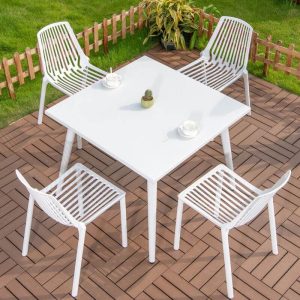 Rostbeständiges modernes Outdoor-Esstischset, Kreide-Polymer-Verbundstoff 5-teilig mit Stuhl und Tisch, 35,4"L x 35,4"B x 28,3"H, Tisch & 4 Stühle
