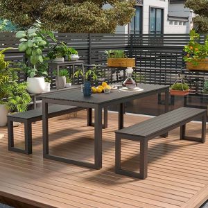 Outdoor-Esstisch mit natürlicher Oberfläche, Eisenrahmen, rechteckig, Casual-Stil, 59,1"L x 31,5"B x 29,5"H, Natur/Weiß, Nur Tisch