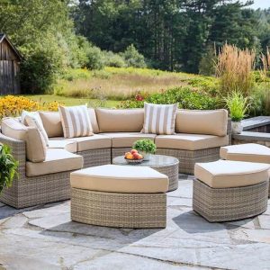 7-teilige Linen Fabric Patio Sofa Sitzgruppe mit klarem Tisch, 9-teiliges Set (8 Stühle & Couchtisch)