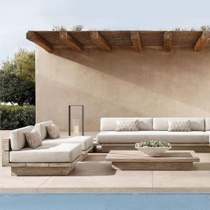 Kaffeetisch für die Terrasse, beige Tischplatte, Teakholz-Tischplattenmaterial, wasserbeständig, 3 Tische, einfacher Stil, 1 Stück, quadratischer Teetisch