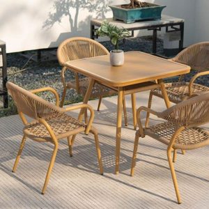 Moderner Aluminium Metall Garten-Armlehnenstuhl mit natürlicher Oberfläche Rahmen, 4 Stühle, Natürlich, 4 Stühle