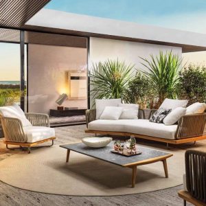 3-teiliges Set Gartenmöbelgruppe aus Leinenstoff mit Steintischplatte, Kreidetisch, UV-beständig, gepolsterte Rückenlehne, 3-teiliges Set (Ecksofa & Chaiselongue & Couchtisch)
