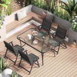 Klares Outdoor-Essset mit Stahlsitz, 7-teiliges Set wetterfester moderner Stil mit Stuhl und Tisch, 51"L x 31"B x 28"H, Tisch & 6 Stühle