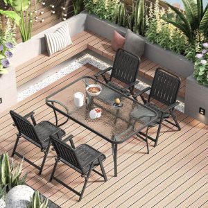 Klares Outdoor-Essset mit Stahlsitz, 7-teiliges Set wetterfester moderner Stil mit Stuhl und Tisch, 51"L x 31"B x 28"H, Tisch & 6 Stühle