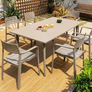 Wetterfestes Polymer-Patio-Essset in Haferflocken-Optik, 5-teilig mit Stühlen und Tisch, minimalistischer Stil, 47"L x 28"B x 28"H, Tisch & 4 Stühle