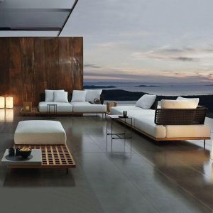 3-teiliges Set Outdoor-Sofa-Garnitur, Aprikosenfarbe & Holz, Leinenstoff, Kreide, UV-beständig, gepolsterte Rückenlehne, 3-teiliges Set (2 Stühle & Beistelltisch)