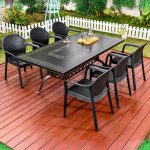 Outdoor-Esstischgarnitur mit Polymer-Verbundsitz, feuerfest, 7-teiliges Set Tinte Stuhl und Tisch, moderner Stil, 79"L x 39"B x 29"H, Tisch & 6 Stühle
