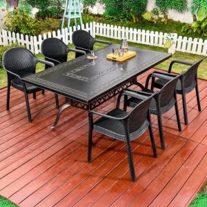 Outdoor-Esstischgarnitur mit Polymer-Verbundsitz, feuerfest, 7-teiliges Set Tinte Stuhl und Tisch, moderner Stil, 79"L x 39"B x 29"H, Tisch & 6 Stühle