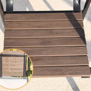 Sonnengeschützte Karamell rechteckige Outdoor-Esstischgarnitur mit Riemenrückenstühlen, 7-teiliges Set aus Holzwerkstoff, 47,2"L x 27,6"B x 28,7"H, Tisch & 6 Stühle