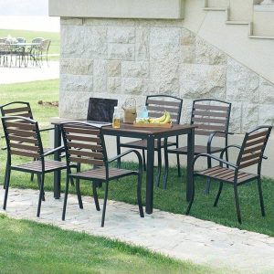 Konstruktionsholz-Patio-Essgruppe mit braunem Tisch und Stühlen, 5-teilig wetterfest minimalistisch, 47"L x 31"B x 28"H, Tisch & 4 Stühle