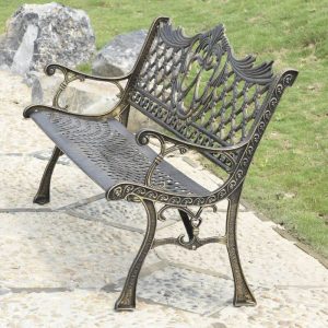 Antike Messing Moderne Picknickbank mit gebogenem Sitz und Legierungsmaterial, Bronze, 59"L x 17"B x 16"H