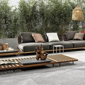 6-teiliges Outdoor-Sofa-Garnitur mit Plastikoberfläche, inklusive 2 Zitronenfarbenen Tischen und Sitzgruppe, 6-teiliges Set (2 Mittelsofas & Ecksofa & Ottoman & 2 Tische)