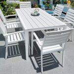 Modernes wetterfestes Kreide hergestelltes Holz Outdoor-Esszimmer-Set, 7-teiliges Set mit Stuhl und Tisch, 47"L x 28"B x 29"H, Tisch & 6 Stühle