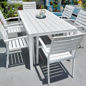 Modernes wetterfestes Kreide hergestelltes Holz Outdoor-Esszimmer-Set, 7-teiliges Set mit Stuhl und Tisch, 47"L x 28"B x 29"H, Tisch & 6 Stühle