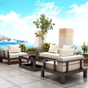 2-teiliges Set Sitzgruppe für die Terrasse aus Leinenstoff mit Steintischplatte, Mitternachtsschwarzer Tisch, UV-beständig, weißes Kissen, 2-teiliges Set (1 3-Personen-Sofa & 1 Couchtisch)