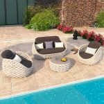 Outdoor-Sofa-Konversationsset mit Tisch aus gesintertem Stein in Grau, schwarzer Leinenstoffbezug, weißes Kissen, 3-teilig, UV-beständig, 3-teiliges Set (2 Stühle & 1 Couchtisch)