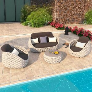 Outdoor-Sofa-Konversationsset mit Tisch aus gesintertem Stein in Grau, schwarzer Leinenstoffbezug, weißes Kissen, 3-teilig, UV-beständig, 3-teiliges Set (2 Stühle & 1 Couchtisch)