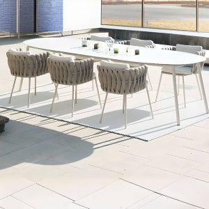 Modern Chalk gepolsterte Outdoor-Essecke mit sonnengeschütztem Tisch und Stühlen, 7-teiliges Set, 94,5"L x 39,4"B x 29,5"H, Tisch & 6 Stühle