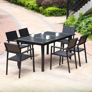Rostbeständiges modernes Outdoor-Esstischset aus Legierung mit Tinte Tisch und Stühlen, 7-teilig, 63"L x 35,5"B x 28,3"H, Tisch & 6 Stühle